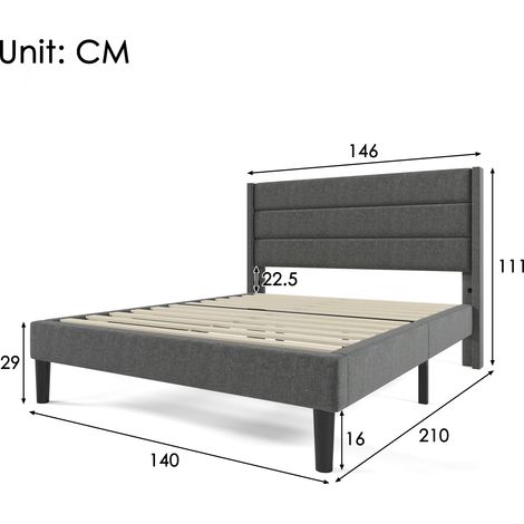 Lit double rembourré 140x200 cm, sommier à lattes intégré et tête de lit, housse en lin gris foncé, design moderne intemporel, lit pour adolescent (1/5)
