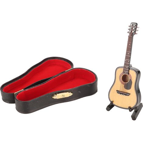 Mini guitare en bois modèle réaliste miniature avec boîte de rangement, décoration de maison de poupée, ornement musical exquis, 10 cm (1/5)