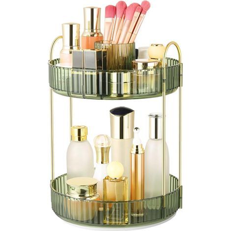 pièce - Organisateur de maquillage rotatif à 360° - Organisateur de coiffeuse à 2 niveaux - Boîte de rangement pour parfums - Cuisine - Salle de bain - Coiffeuse - Boîte de rangement - Légumes (1/5)