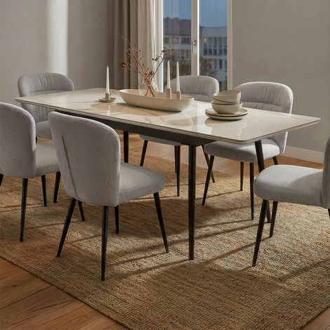 Mesa de comedor rectangular extensible para 4 a 6 personas, de cerámica, modelo Mabel en blanco y negro (1/5)