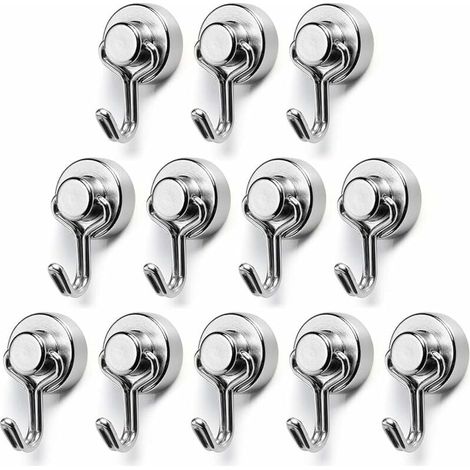 Magnethaken, Durchmesser 15 mm, kleiner, leistungsstarker Neodym-Magnet-Metallhaken, maximale Tragkraft 7 kg, geeignet für Küche, Kühlschrank, Büro, 12 Stück