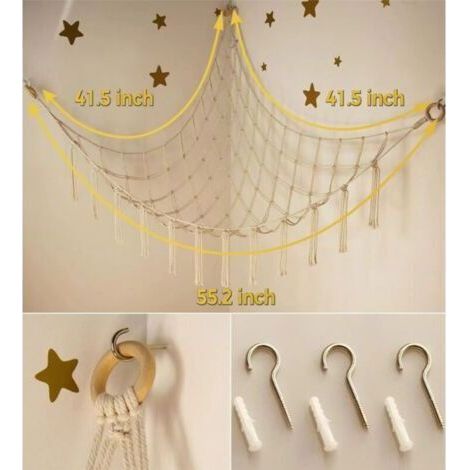 NALOOKAMIC 1 hamac de rangement pour jouets, hamac bohème pour jouets en peluche, support de rangement suspendu pour chambre d'enfant, blanc