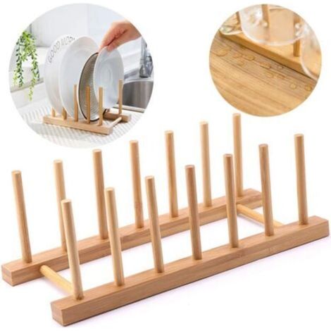 Rack Plateau Rangement Porte Vaisselle Cuisine Plaque Bambou Egouttoir Verticale Support Bambou Assiettes pour Assiettes, Bols, Tasses, Couvercles Casseroles, Planches Découper,Livres—6 (1/5)