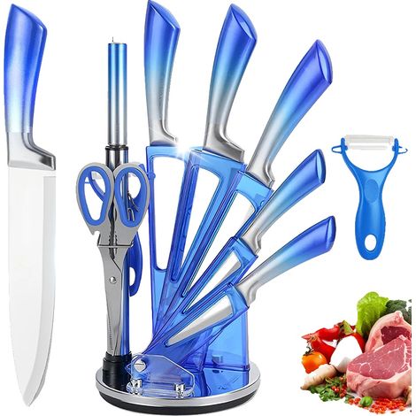 Juego de cuchillos de cocina con revestimiento antiadherente, incluye bloque para cuchillos, color azul. (1/2)