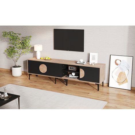 Meuble TV bas 180x35x49cm, support TV pour salon, meuble téléviseur avec 2 armoires, console TV avec étagères ouvertes, finition bois et noir, compatible écrans jusqu'à 80 pouces. (1/5)