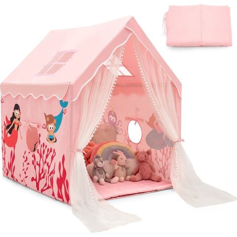 Tente de jeu grande tente pour enfants tente de jeu interieure avec tapis rideau de porte 121 x 105 x 137 cm rose (1/5)