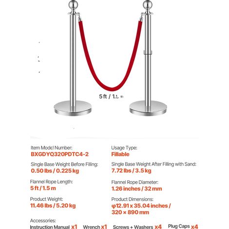 Pali per il controllo della folla, base riempibile, corde in velluto resistenti, confezione da 4, argento, 2 corde (1/2)