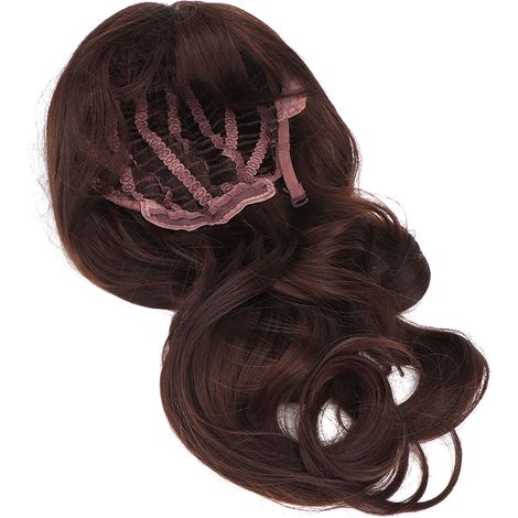 Perruque femme longue bouclée brune, frange, cheveux synthétiques ondulés, serre-tête ajustable, coiffure naturelle pour usage quotidien (1/5)