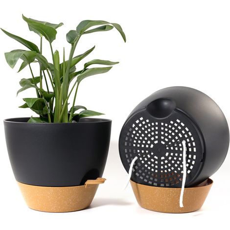 Set mit 2 Blumentöpfen, selbstbewässernde PP-Kunststoff-Blumentöpfe mit Abfluss und Untersetzer, geeignet für Zimmer- und Gartenpflanzen, dekorative Blumentöpfe (schwarz, 16,5 cm)