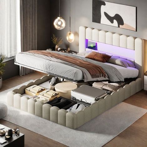 Bett mit Stauraum 180x200cm, Hydraulisches Funktionsbett, Bett 180x200 cm, Doppelbett für Erwachsene, LED und USB, 2 Personen, Leinenstoff, Beige