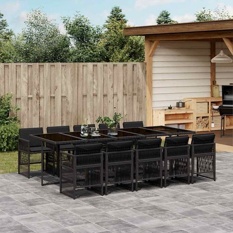 Ensemble de Jardin 3 Pièces, Salon de Jardin Résine Tressée avec Table en Verre et Coussins Noir (1/5)