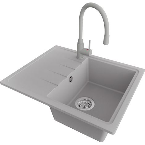 PRIMAGRAN Evier Cuisine en Granit 62x50cm,Lavabo 1 bac + Robinet 38x14cm + Kit de Vidage, Évier à Encastrer au meuble 40cm - Milan, Gris (1/5)