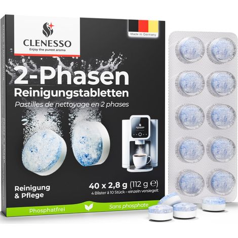 2-Phases Pastille nettoyage machine a cafe (40 unités) - nettoyage compatibles avec Jura, Tassimo, Phillips, etc. - détartrant pour un nettoyage et un entretien optimaux (1/5)