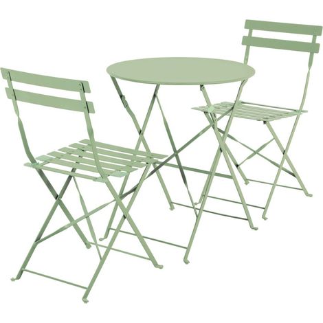 SET BISTROT DA GIARDINO VERDE MENTA CON TAVOLO E 2 SEDIE PIEGHEVOLI IN FERRO