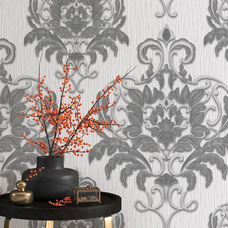 Papier peint damassé beige crème & gris | Tapisserie chic baroque idéale chambre adulte | Papier peint baroque motifs larges intissé (1/4)