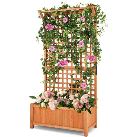 COSTWAY Fioriera da Esterno con Grigliato e Tettuccio, Fioriera in Legno da Interno Esterno con Fori di Scarico, Vaso con Spalliera per Piante Rampicanti Viti Fiori (1/5)