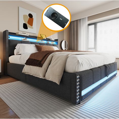 Bett 180x200 cm gepolstert in Grau mit LED, USB, Kopfteil mit Ablagen und hydraulischem Stauraum (1/5)