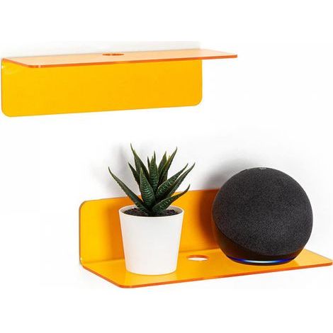 Set of 2, Easily Expand Wall Space - Small Adhesive Acrylic Wall Shelf for Bedroom, Bathroom, Kitchen, with Cable Clips (Orange) (1/5)