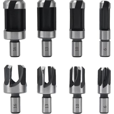 8 Pièces Fraise à Bouchonner Bois, Mèche à Bouchon Bois 6 mm/10 mm/13 mm/16 mm, Acier Carbone Bois Plug Perceuse pour le Travail du Bois, Forets à Bois à Griffe et Coniques (1/5)