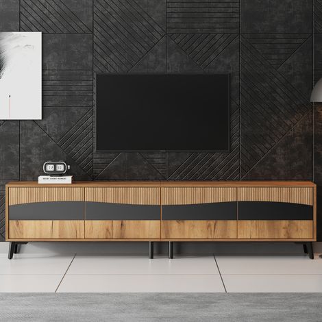 Armoire TV 180x40x50cm bois et noir,4 placards,8 pieds support,charge 30kg,design symétrique panneau bas
