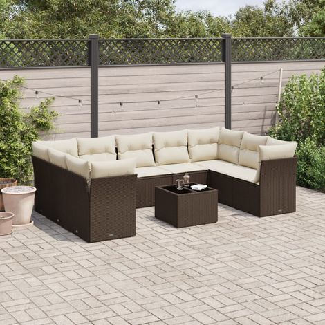 Canapé d'Extérieur 10 Pièces en Résine Tressée Marron avec Coussins - Salon de Jardin Modulaire, Table Verre Trempé 55x55cm (1/5)