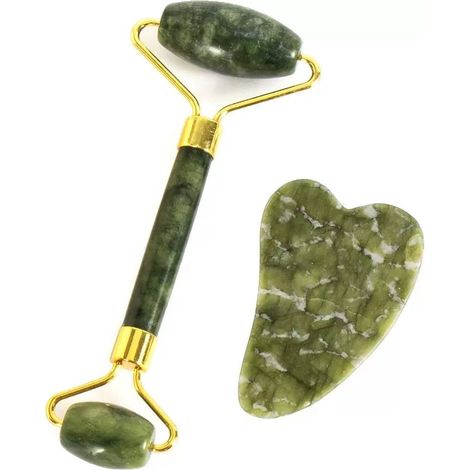 Rouleau de pierre et planche Gua Sha - Ensemble d'outils de massage facial de qualité spa comprenant un rouleau et une planche Gua Sha. 100 % jade naturel. (1/5)