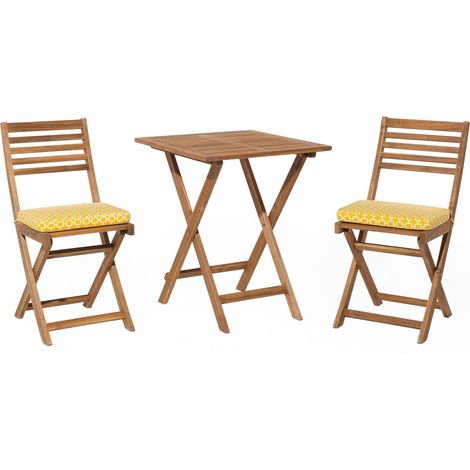 Set Pieghevole 3 Pezzi in Legno di Acacia Cuscini Gialli Motivo Geometrico Fiji