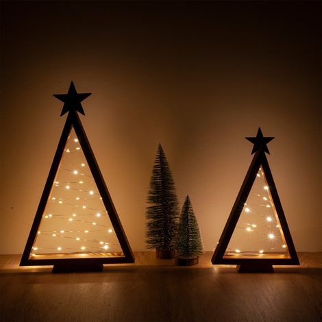 Décoration de Noël - Sapin de Noël lumineux en bois (2 pièces) - Sapin de table fait main avec lumières, idéal pour une maison de campagne, une cuisine, un porte-nappe ou une décoration de fête. (1/3)