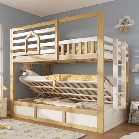 Lit superposé enfant 90x200 cm bois avec rangement hydraulique, style cabane, protection antichute, EN747, blanc et chêne (1/5)