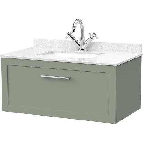 Stonnall Traditional Wall Hung 1 Drawer Vanity Unit with Marble Top with Basin, 800mm, Reed Green