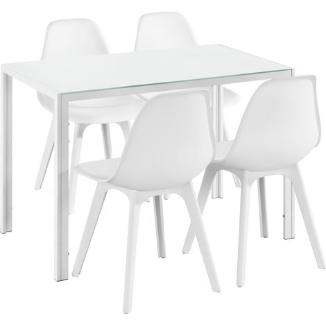 Esstisch Stathelle 105x60x75 cm Weiß Glasplatte 4 Stühle Weiß en.casa