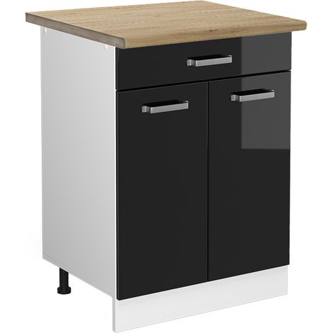 Meuble cuisine R-Line, Noir Haute brillance, 60 cm avec tiroir, PT Chêne, Vicco