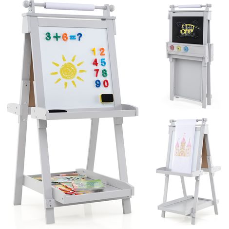 Chevalet Pliable pour Enfants, Double Face avec Tableau Noir et Tableau Blanc Magnétique, Rouleau de Papier Remplaçable, 3 Gobelets, Gris (1/5)