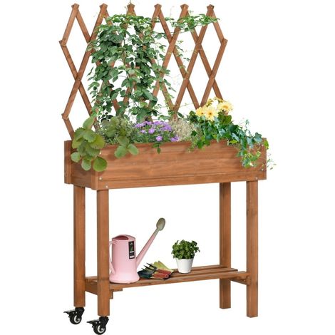 Huerto elevado de madera con espaldera, estante y ruedas, marrón, 79 x 29 x 130 cm (1/4)