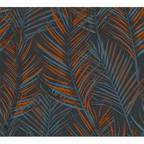 Papier peint feuillage bleu et orange sur fond bleu marine Tapisserie à feuilles de palmier Papier peint style exotique idéal bureau (1/4)