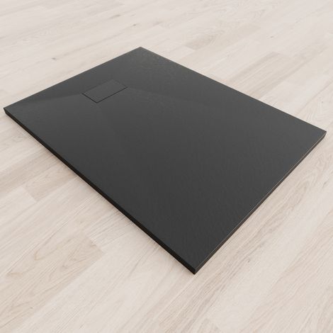 SMC Duschwanne Duschtasse mit Anti-Rutsch Flach mit Steinoptik Schwarz inkl. Ablaufgarnitur 120x90 cm