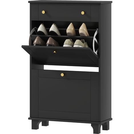 Schmaler Schuhschrank 60 x 23,5 x 98,5 cm, schwarz, mit Schubladen, Klapptüren und verstellbarem Einlegeboden.