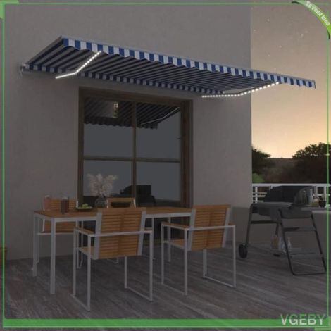 Auvent manuel rétractable - FAF7291712407154 - 500 x 350 cm - Bleu et blanc - Aluminium / Polyester (1/5)
