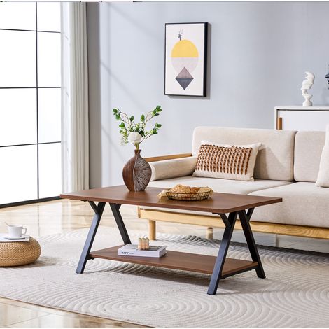 Tavolino da caffè 110x57x44,5 cm, con doppio piano portaoggetti, struttura in metallo, MDF effetto noce, marrone noce (1/5)