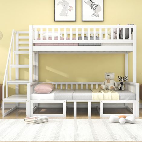Letto a castello salvaspazio con scaletta, con tavolo regolabile, con divano in legno, robusta struttura in legno di pino, bianco (90x200 cm & 120200 cm) OKWISH (1/5)