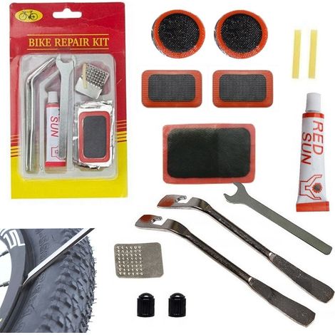 Kit de rustine pour chambres à air de vélo patchs de réparation avec cuillères colle (1/5)