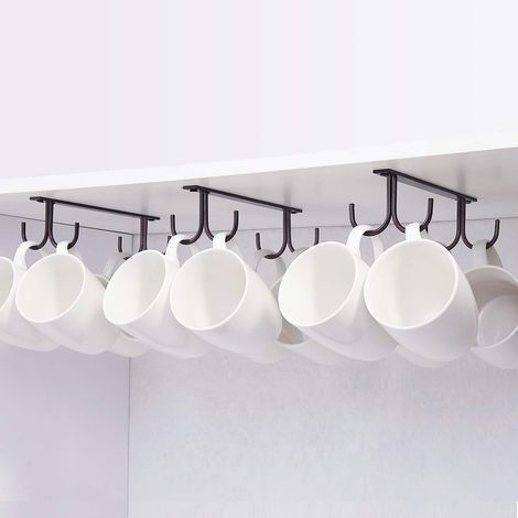 Porte-tasses sous l'armoire, porte-tasses à café avec vis, 12 crochets sous l'étagère, crochet de séchage pour bar, pour accrocher des tasses, des tasses à café, des mugs, etc. Noir (1/5)
