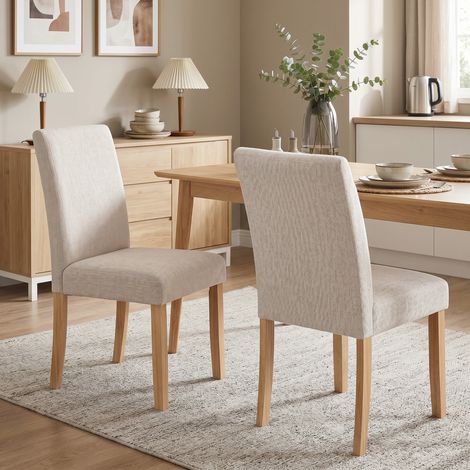Chaise de salle à manger lot de 2, fauteuil moderne en lin rembourré, assise et dossier capitonnés, pieds en bois d'hévéa (1/5)