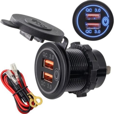 12/24V adaptateur de prise de chargeur rapide de voiture double USB fil de sortie étanche voltmètre en aluminium QC3.0