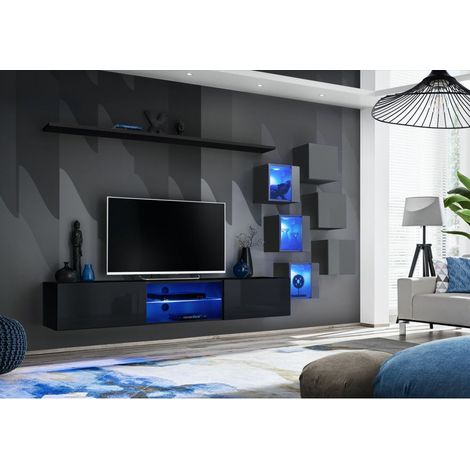 Ensemble meuble TV mural Switch XXI - L 240 x P 40 x H 120 cm - Noir et gris - Livraison gratuite