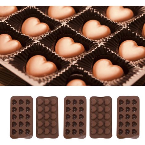 Lot de 5 moules à gâteaux en silicone en forme de cœur, 15 cavités, pour chocolat, bonbons et autres gourmandises. Convient également comme bac à glaçons ou moule en résine époxy pour cristaux, couleu (1/5)