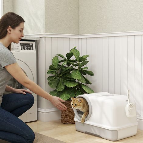 Bac à litière pour chat avec couvercle, pelle, plateau extensible, 2 filtres à charbon actif, pour chats jusqu'à 5 kg, 59 x 39,5 x 39,5 cm, blanc et gris