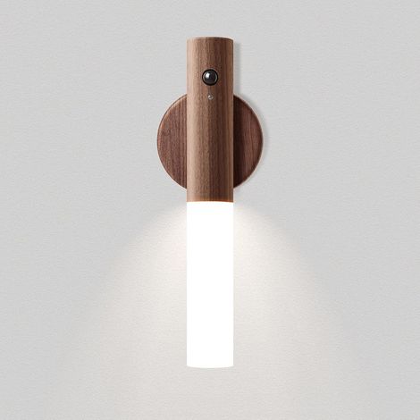 Applique Murale Interieur Bois Led Night Lights Alimenté par Batterie Portable Applique Lampe Murale Sans Fil Rechargeable Induction Night Light avec Aimant pour Escaliers Couloir Ménage (Brun) (1/5)