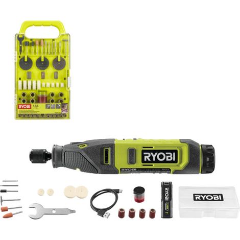 Pack RYOBI - Mini-outil multifonction RRT4-120GA15 - 4V - 1 Batterie 2.0Ah - 1 Câble USB C - 15 Accessoires - Kit de 155 accessoires - RAKRT155 (1/5)