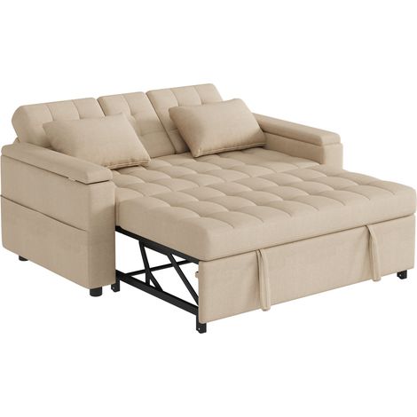 Divano letto estraibile 2 posti beige con schienale regolabile e vani portaoggetti HOMVRA (1/5)